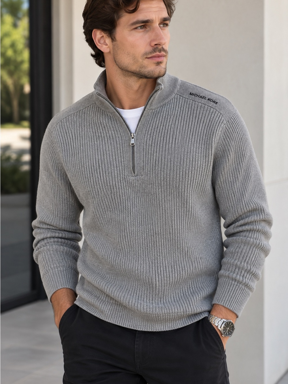 Michael Kors 100% Cotton Ribbed Quarter Zip Sweater Gray Size M